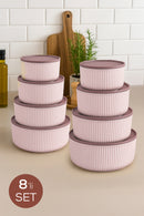 Set de 8 Recipiente Rotunde de Depozitare cu Dungi Roz | 2,5 1,5 0,80 0,45 L | Compatibil cu Cuptorul cu Microunde și Congelatorul