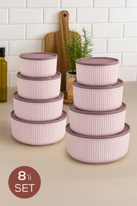Set de 8 Recipiente Rotunde de Depozitare cu Dungi Roz | 2,5 1,5 0,80 0,45 L | Compatibil cu Cuptorul cu Microunde și Congelatorul