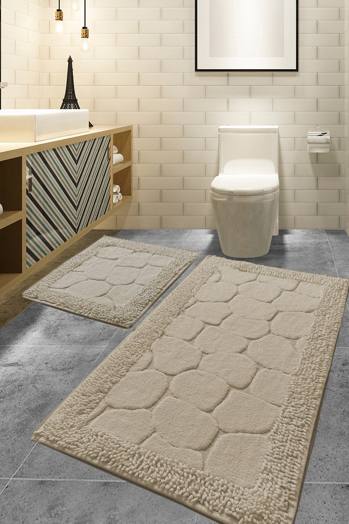 Set covorașe de baie (2 piese) Parte inferioară antiderapantă Covoraș de baie: 50 X 60 cm (1 bucată) Covoraș de baie: 60 X 100 cm (1 bucată) Piatră - Bej