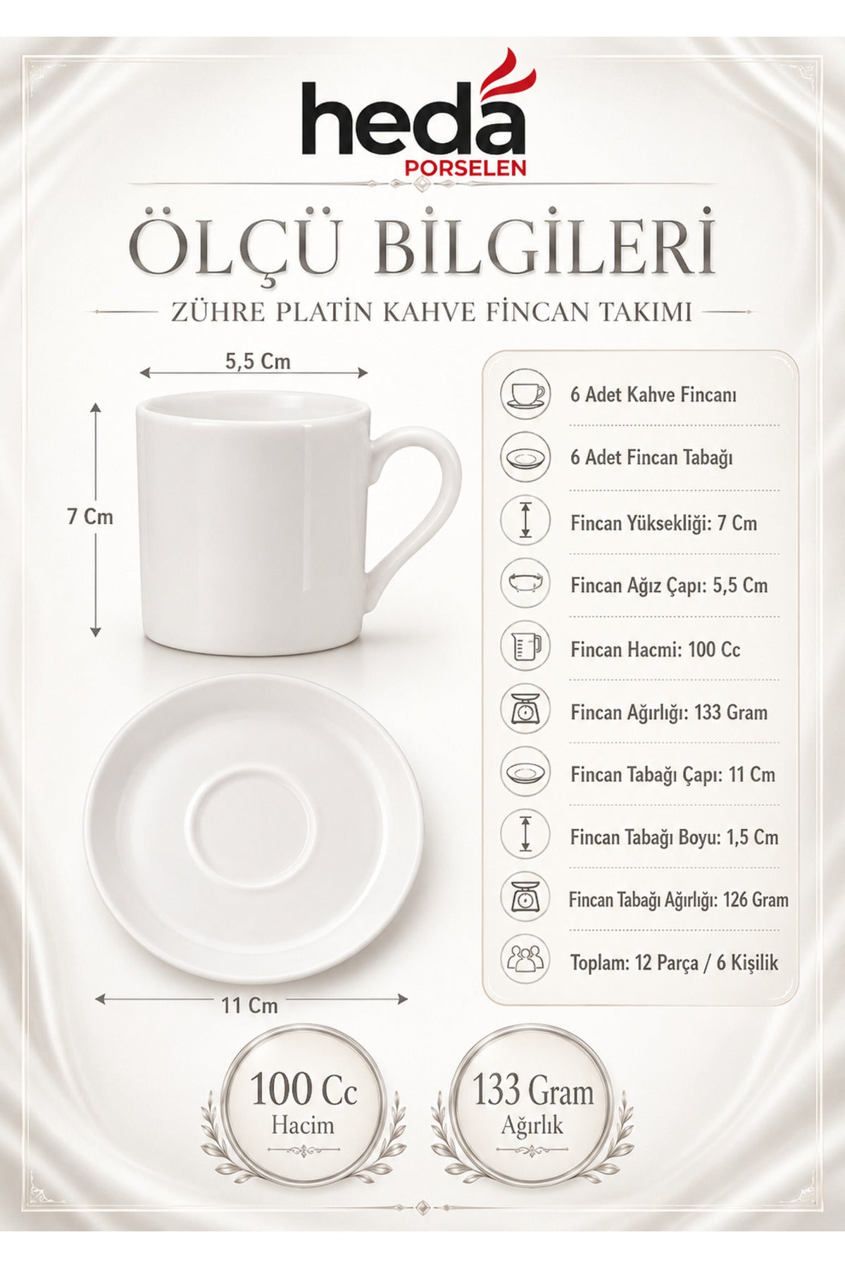Zühre 12 Parça 6 Kişilik Porselen Kahve Fincan Takımı Kırık Beyaz