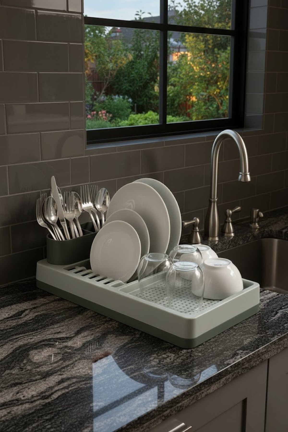 Dish Rack & Countertop Plate Holder – 42x26 cm Multi-Compartment Modern Kitchen Organizer