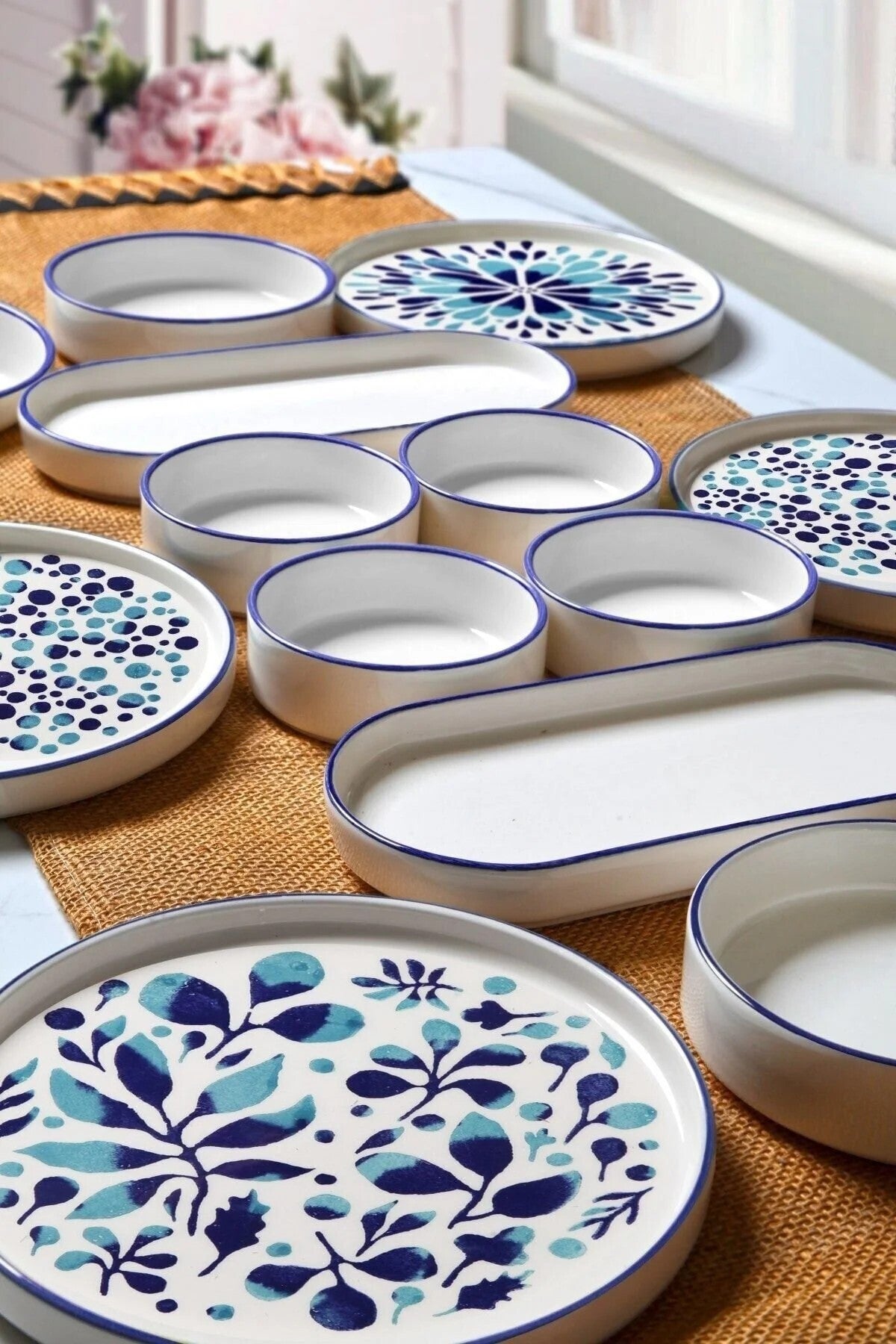 14 Piece Stackable Blue Ethnic Breakfast Set for 6 People - Luxury Breakfast Presentation Set Plate