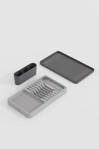 Uscător și Suport de Vase – 42x26 cm cu Multiple Compartimente Organizator Modern de Bucătărie Crem-Gri