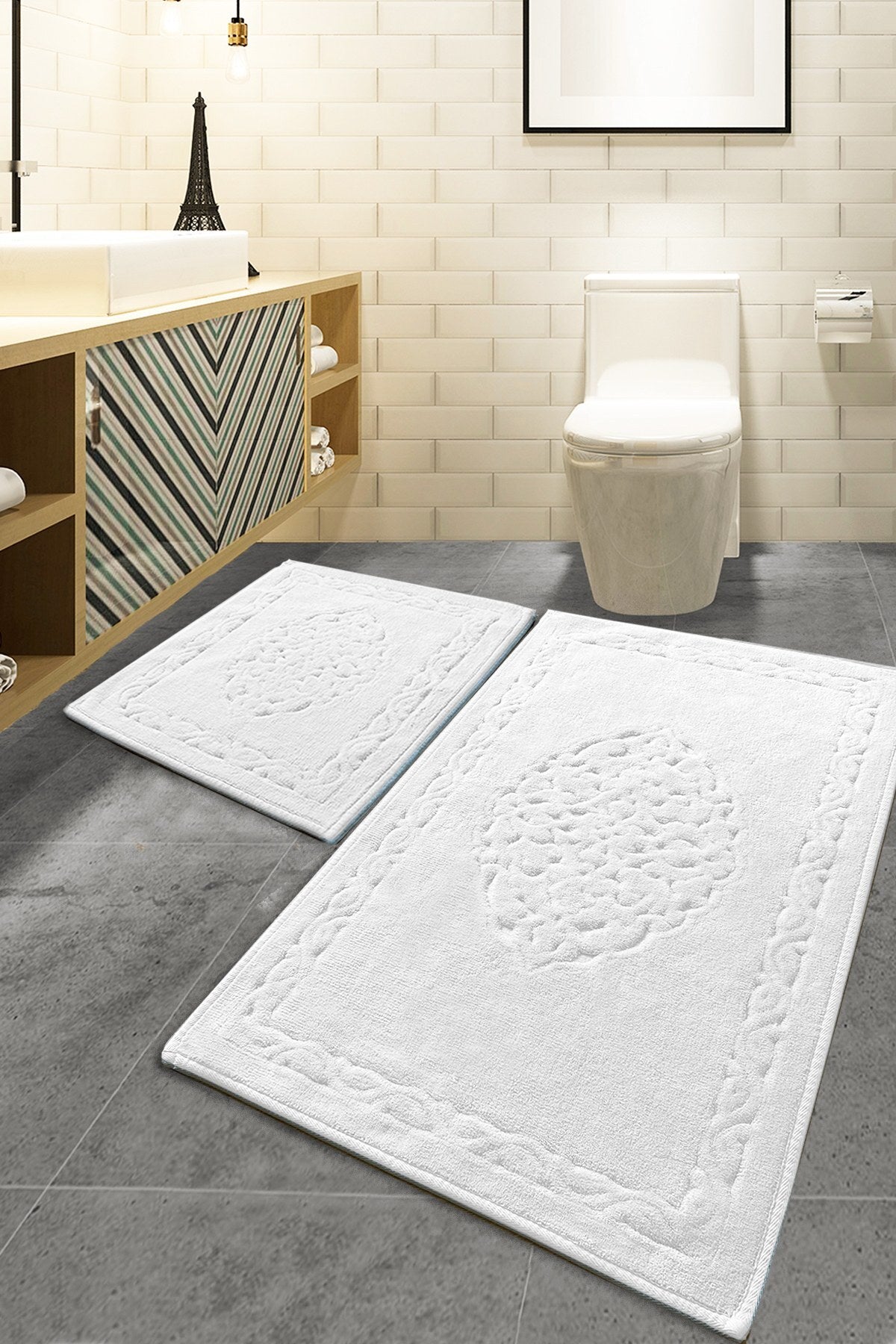 Set Covorașe de Baie (2 Piese) Antiderapant Covoraș de Baie: 50 X 60 Cm (1 Bucată) Covoraș de Baie: 60 X 100 Cm (1 Bucată) Elite - Ecru