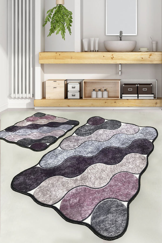 Bathmat Set (2 Pieces) Non-Slip Underside Size: 60 X 100 Cm (1 Piece) Size: 50 X 60 Cm (1 Piece) Circle - Purple