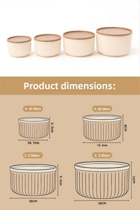 Set de 4 recipiente rotunde de depozitare cu dungi bej | 2,5L 1,5L 0,80L 0,45L | Compatibile cu cuptorul cu microunde și congelatorul