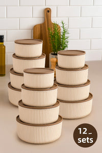 Set of 12 Striped Round Storage Containers Beige