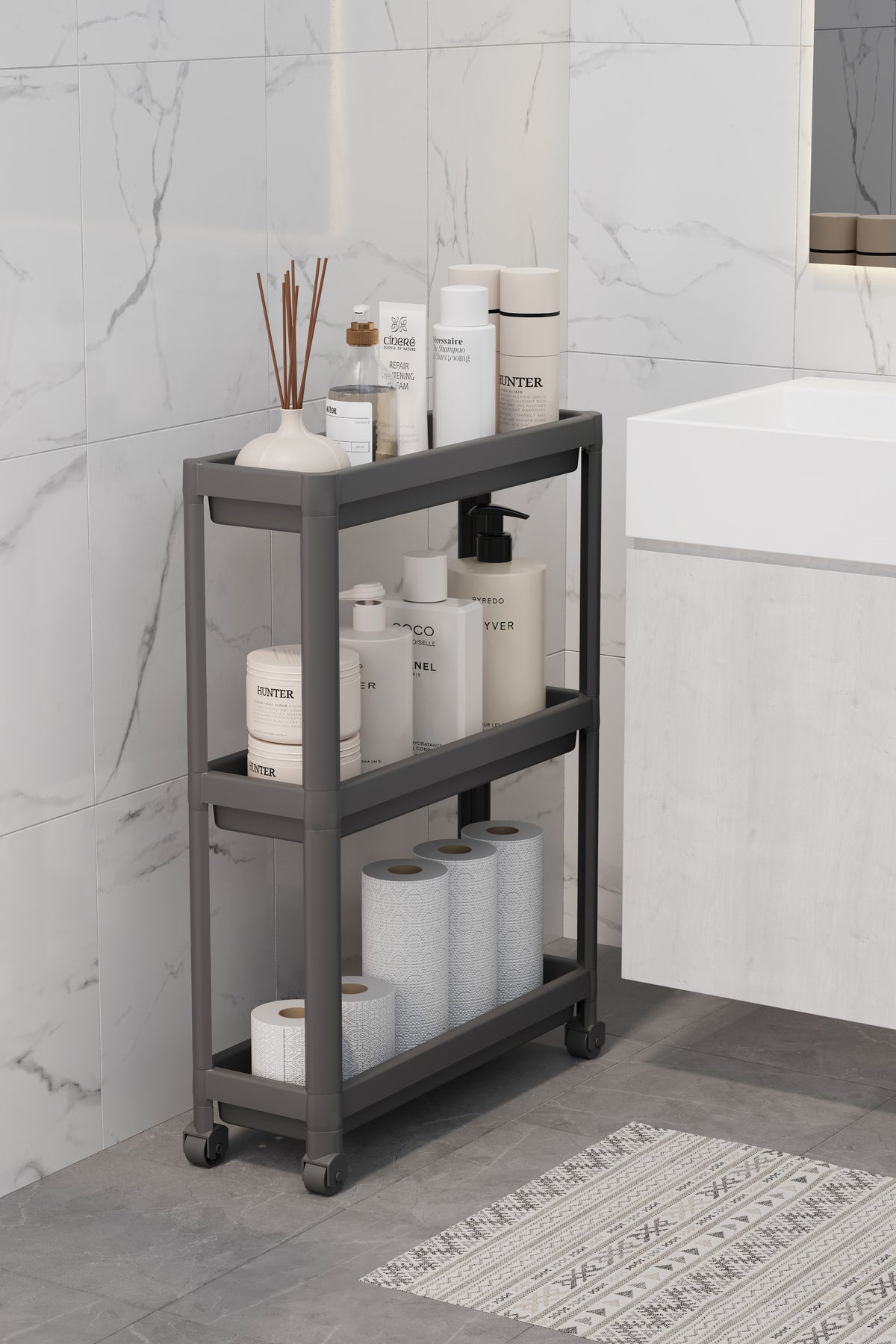 (BLACK) Rectangular 3-Tier Shelving Unit with Wheels - Bathroom Kitchen Organizer Organizer