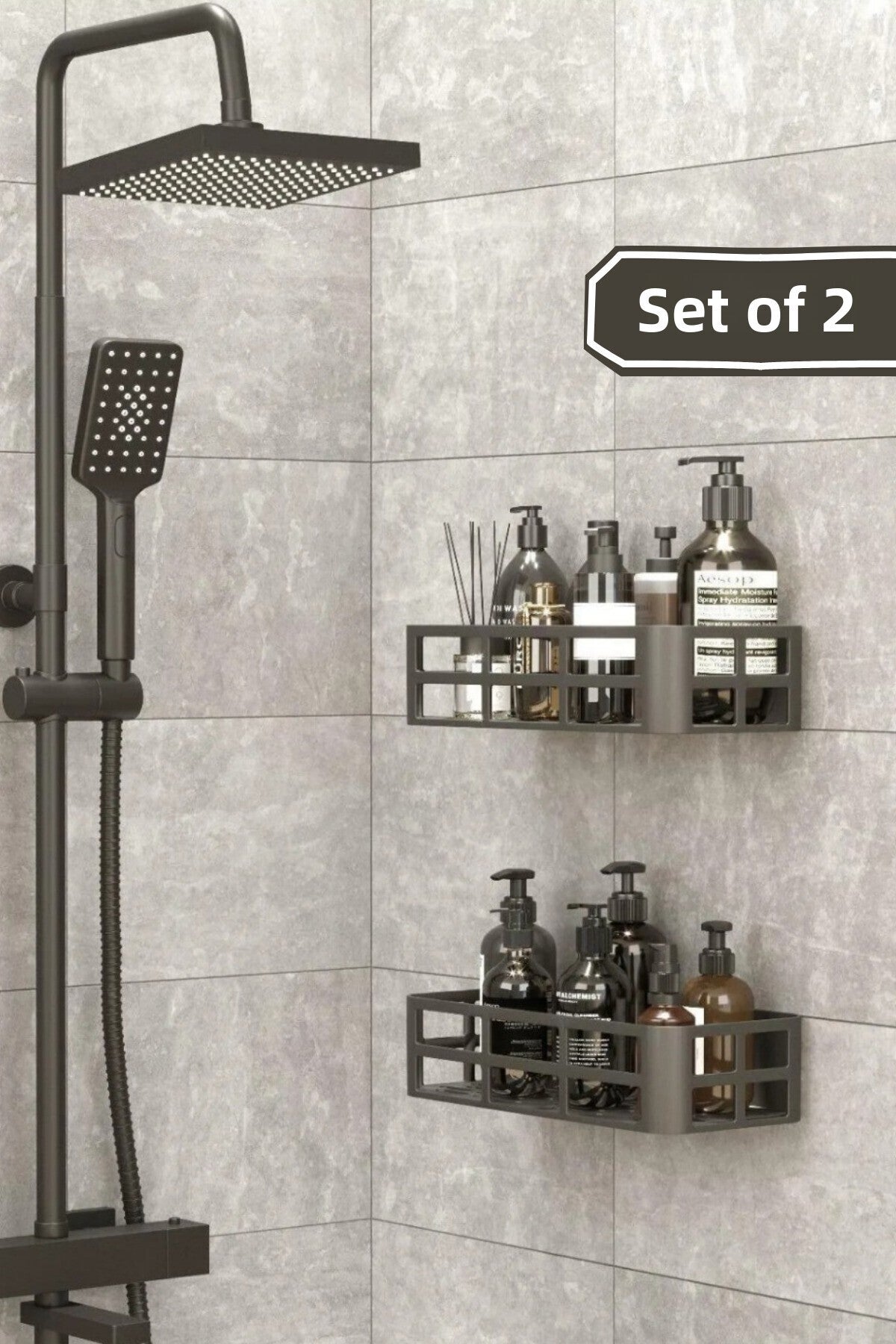 2-Piece Bathroom Organizer Set Shampoo Holder Soap Dish Rack Adhesive Shower Caddy Organizer