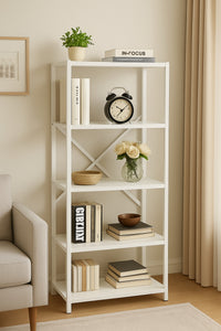 5-Tier Multi-Purpose Metal & Wood Cabinet White – Bookshelf, Kitchen, Stationery & Bathroom Shelf – 60 x 30 x 150 cm