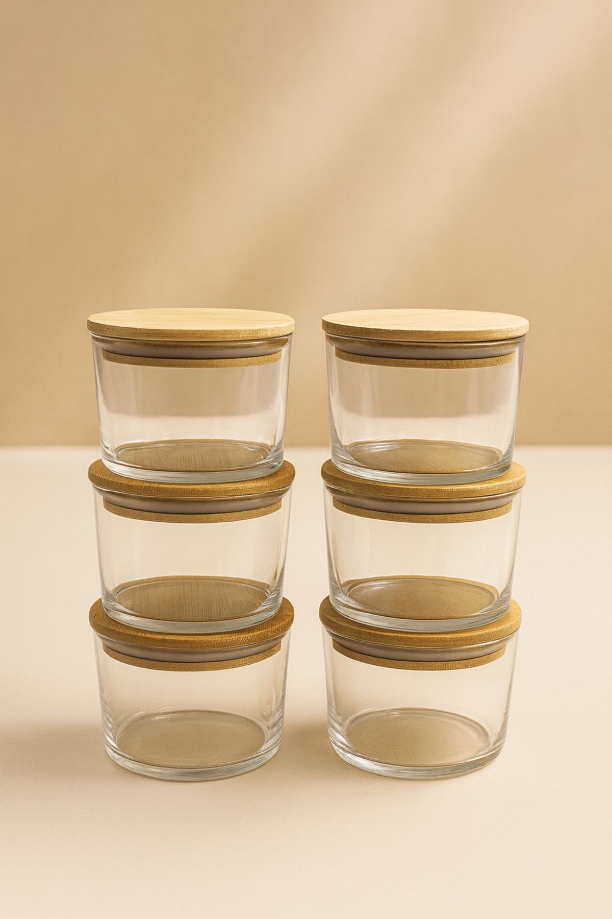 Set Cutii Depozitare (12 Piese) Dimensiune Sticlă: 8 X 8 X 5 Cm / 220 Ml (6 Piese) Capac Bambus: (6 Piese) Transparent