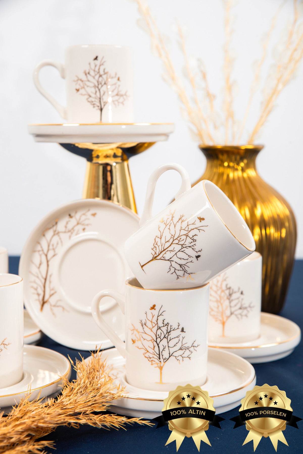 Tree of Life Gold Gilding 12-Piece 6-Person Porcelain Coffee Cup Set Broken White