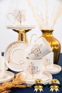Tree of Life Gold Gilding 12-Piece 6-Person Porcelain Coffee Cup Set Broken White