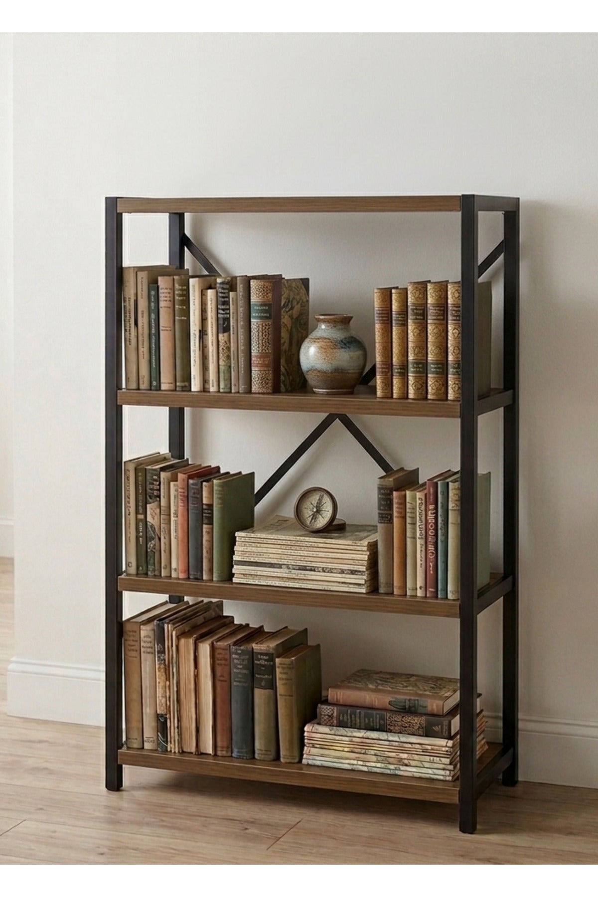 Dulap cu 4 Nivele Multifuncțional din Metal și Lemn Negru și Pin – Bibliotecă, Raft de Bucătărie, Suport Papetărie și Raft de Baie – 60 x 30 x 120 cm