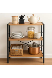 3-Tier Multi-Purpose Metal & Wood Cabinet Black & Pine – Bookshelf, Kitchen, Stationery & Bathroom Shelf – 60 x 30 x 90 cm