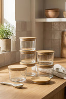 Set Cutii Depozitare (12 Piese) Dimensiune Sticlă: 8 X 8 X 5 Cm / 220 Ml (6 Piese) Capac Bambus: (6 Piese) Transparent