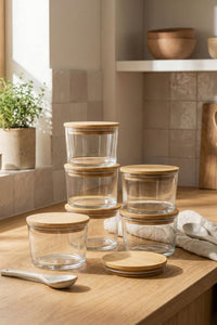 Set Cutii Depozitare (12 Piese) Dimensiune Sticlă: 8 X 8 X 5 Cm / 220 Ml (6 Piese) Capac Bambus: (6 Piese) Transparent