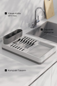 Uscător și Suport de Vase – 42x26 cm cu Multiple Compartimente Organizator Modern de Bucătărie Crem-Gri