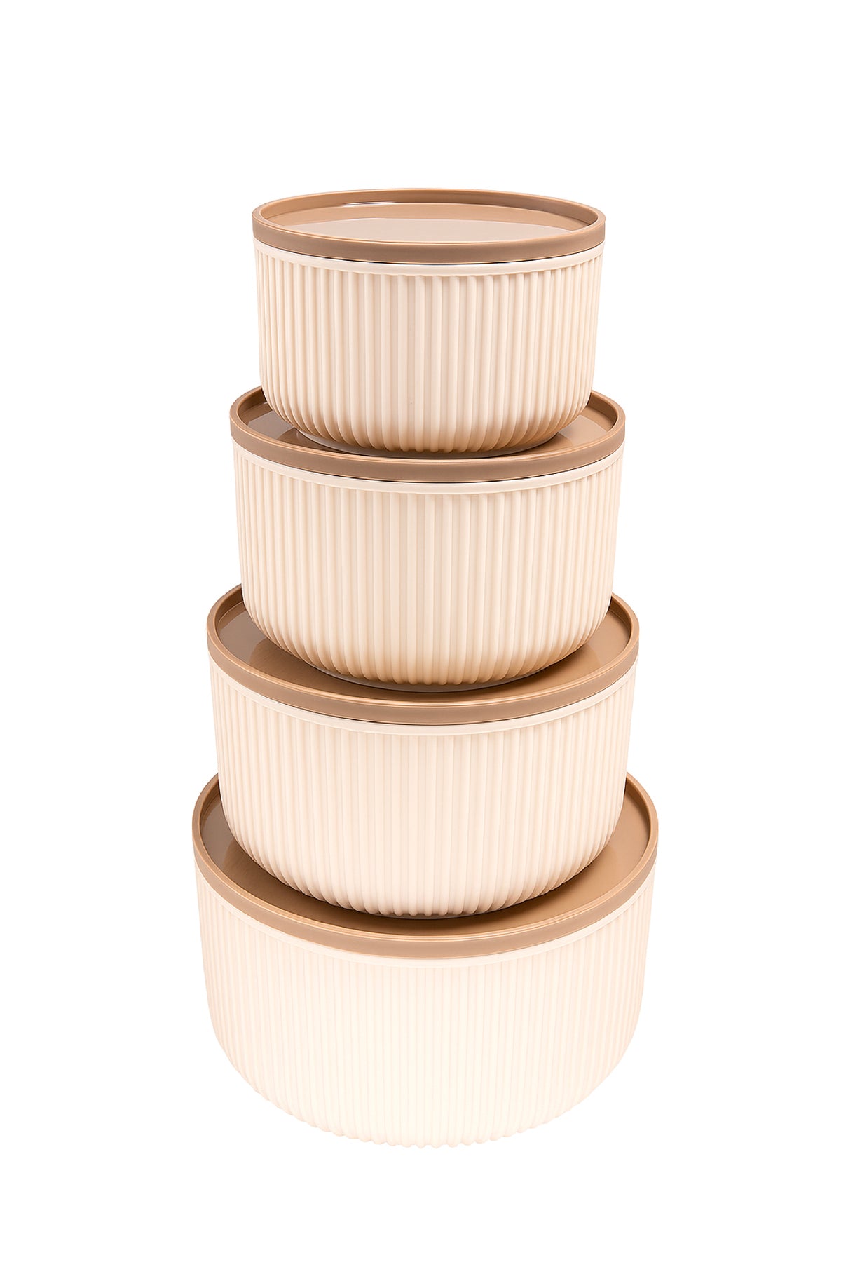 Set de 4 recipiente rotunde de depozitare cu dungi bej | 2,5L 1,5L 0,80L 0,45L | Compatibile cu cuptorul cu microunde și congelatorul