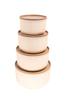 Set de 4 recipiente rotunde de depozitare cu dungi bej | 2,5L 1,5L 0,80L 0,45L | Compatibile cu cuptorul cu microunde și congelatorul