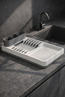 Uscător și Suport de Vase – 42x26 cm cu Multiple Compartimente Organizator Modern de Bucătărie Crem-Gri