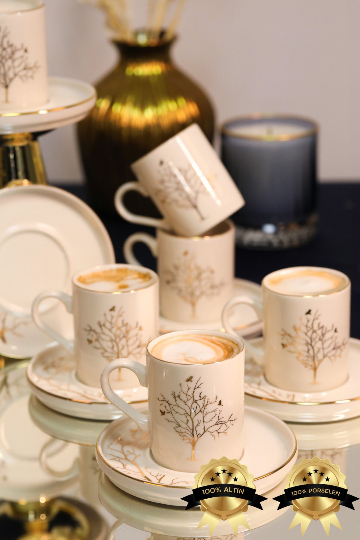 Tree of Life Gold Gilding 12-Piece 6-Person Porcelain Coffee Cup Set Broken White