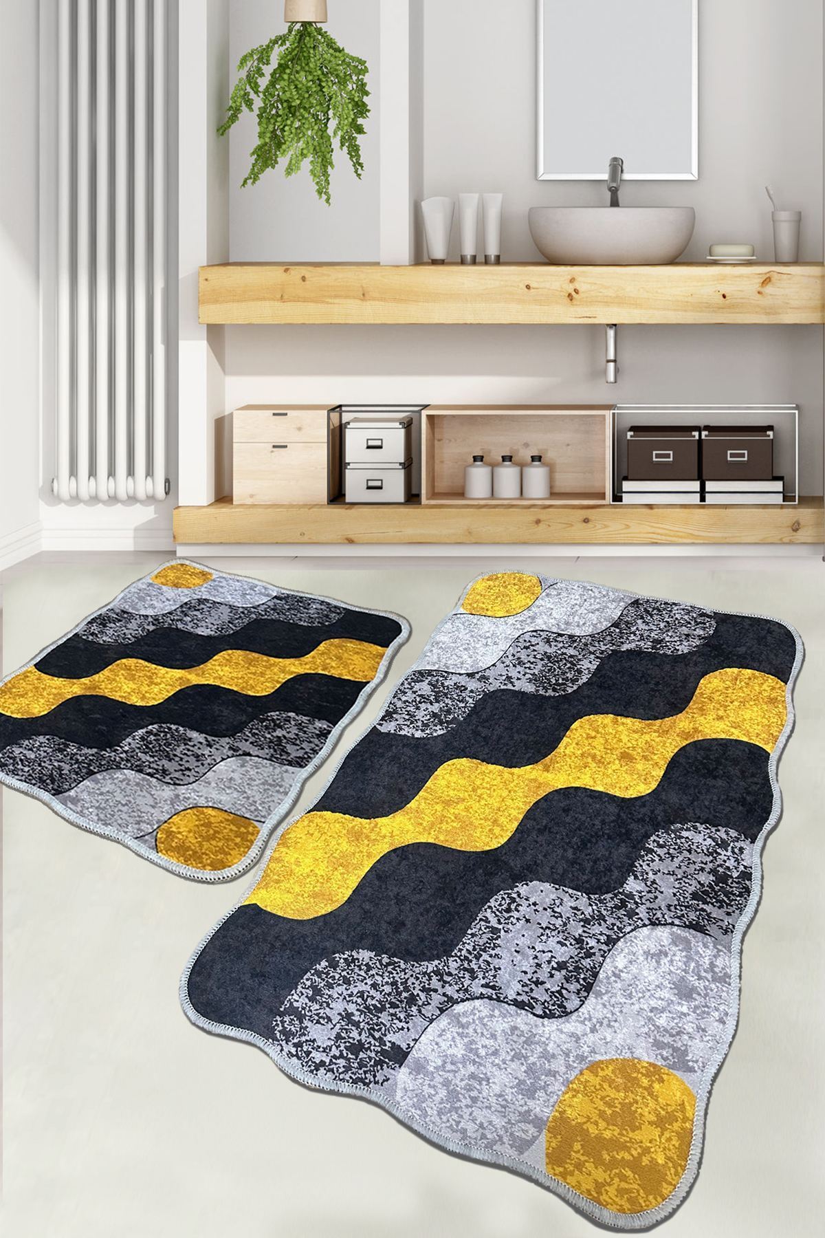 Bathmat Set (2 Pieces) Non-Slip Underside Size: 60 X 100 Cm (1 Piece) Size: 50 X 60 Cm (1 Piece) Circle - Yellow