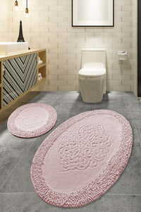 Set Covorașe Baie (2 Piese) Antiderapant Covoraș Baie: 50 X 60 Cm (1 Bucată) Covor Baie: 60 X 100 Cm (1 Bucată) Piante Oval - Roz