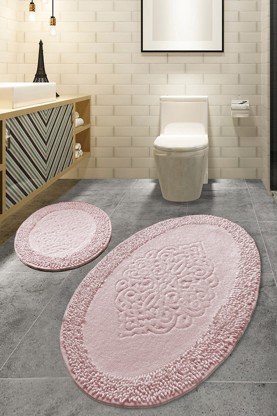 Bathmat Set (2 Pieces) Non-Slip Underside Bathmat: 50 X 60 Cm (1 Piece) Bathmat: 60 X 100 Cm (1 Piece) Piante Oval - Pink