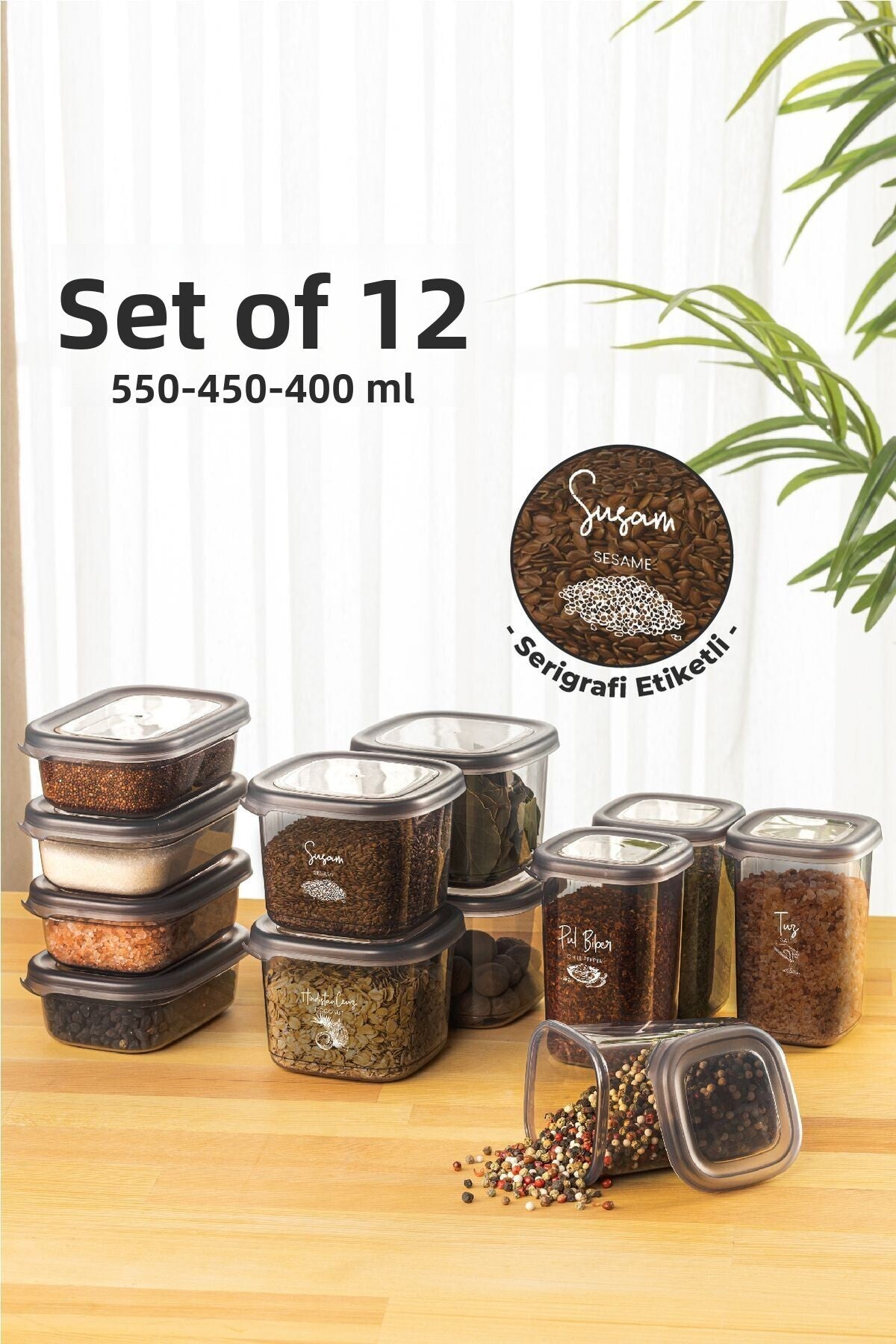 Set Super Complet de 12 Recipiente pentru Condimente Pachet Avantajos 4x(0.40, 0.45, 0.55) cu Etichetă