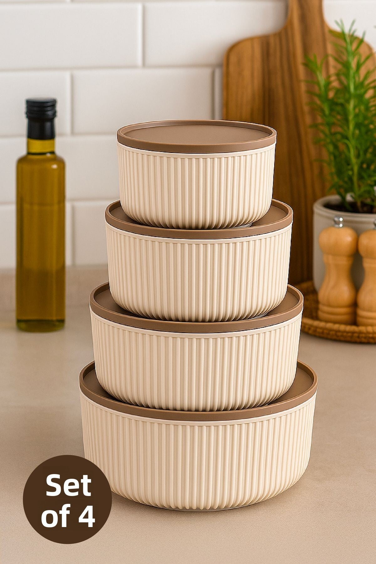 Set de 4 recipiente rotunde de depozitare cu dungi bej | 2,5L 1,5L 0,80L 0,45L | Compatibile cu cuptorul cu microunde și congelatorul