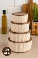 Set de 4 recipiente rotunde de depozitare cu dungi bej | 2,5L 1,5L 0,80L 0,45L | Compatibile cu cuptorul cu microunde și congelatorul