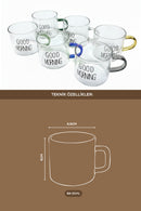 Set of 6 Glass Espresso Cups with Colorful Handles and Good Morning Written on Them - 95 ml
