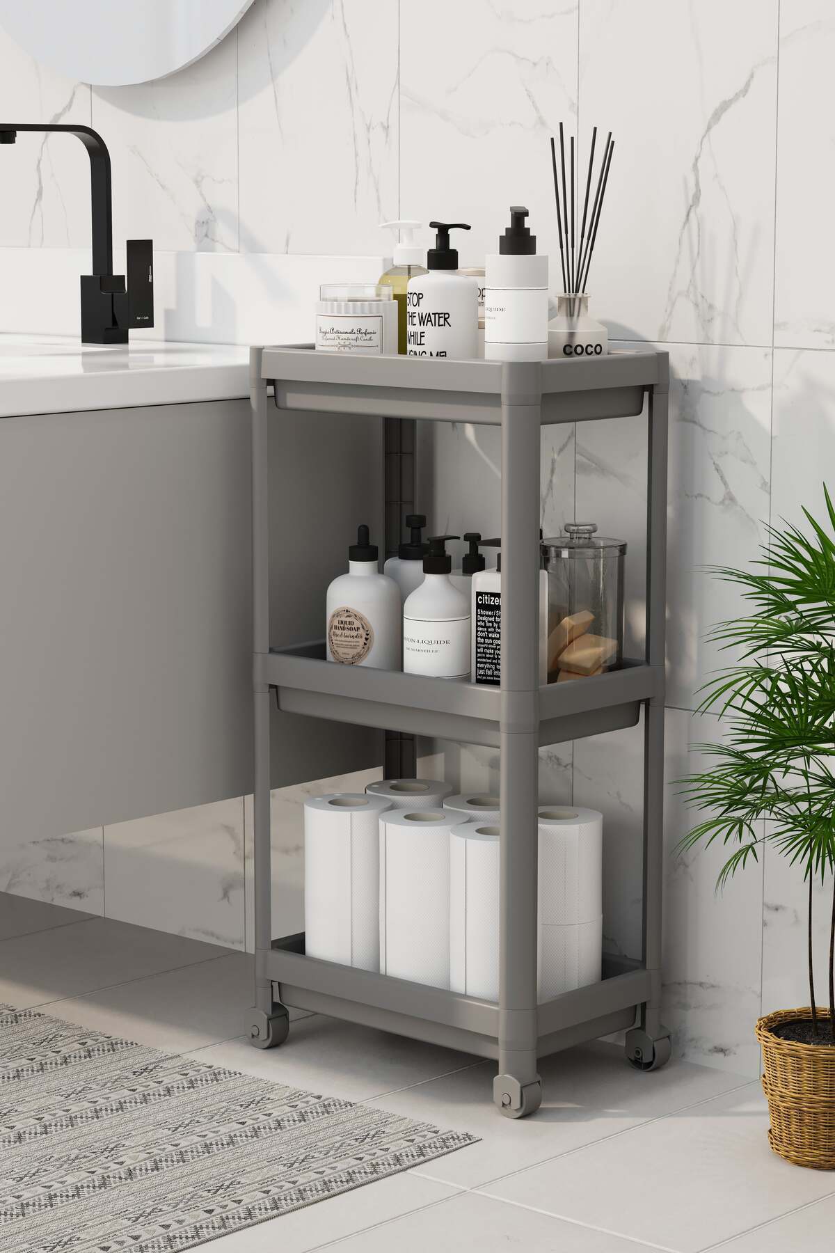 3-tier bathroom unit (Peggy), white bathroom organizer, shampoo holder, (gray), cabinet