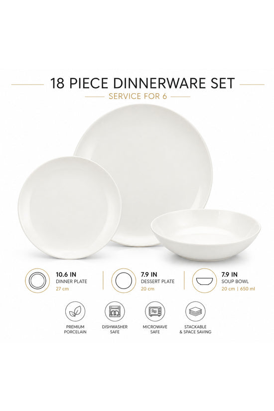 18-Piece Stackable White Dinner Set for 6 People - Premium Dinner Set