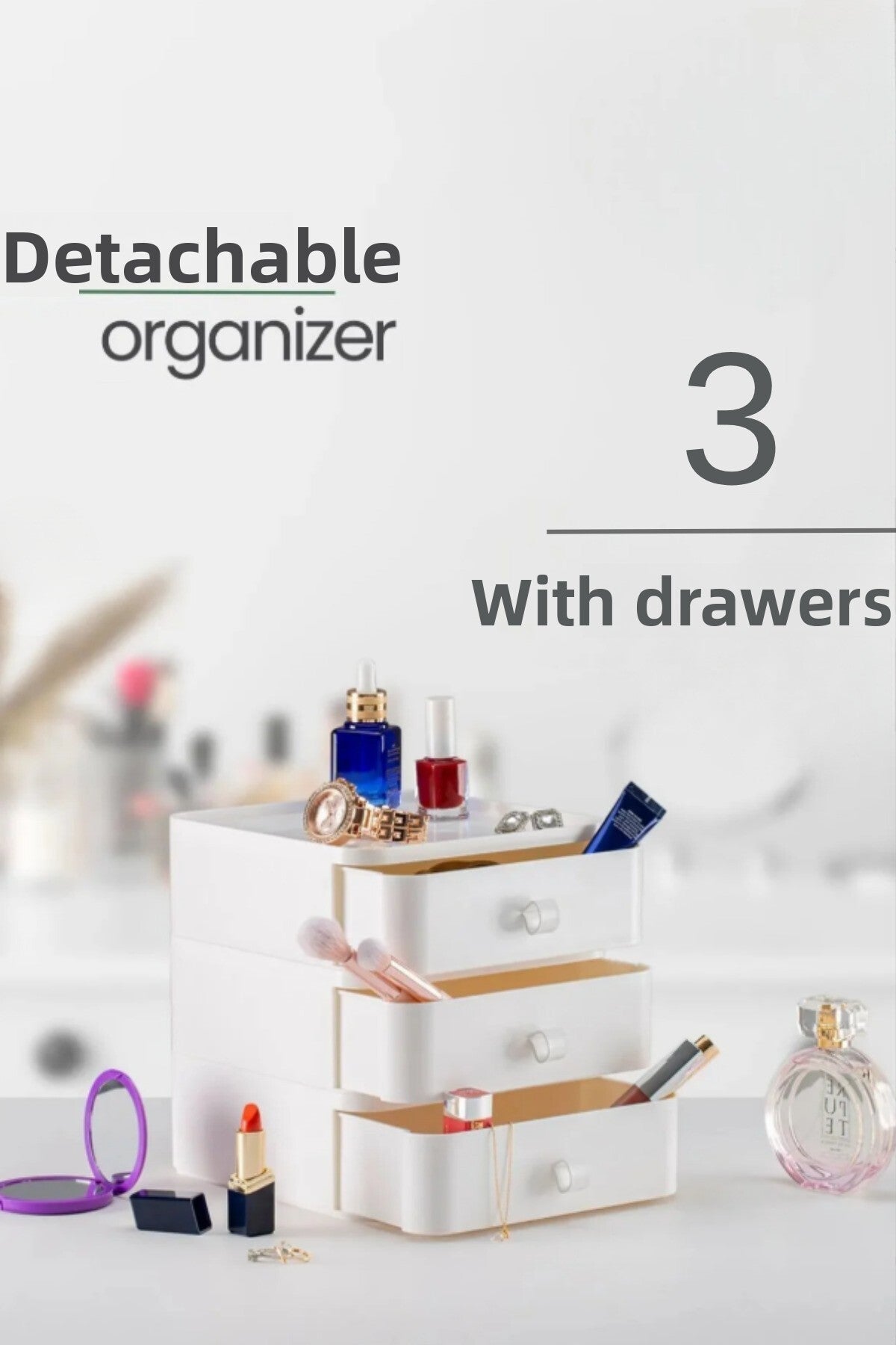 Set de 3 Organizatoare de Bijuterii, Machiaj și Cosmetice cu Sertare, Suport Organizator cu Sertare pentru Birou