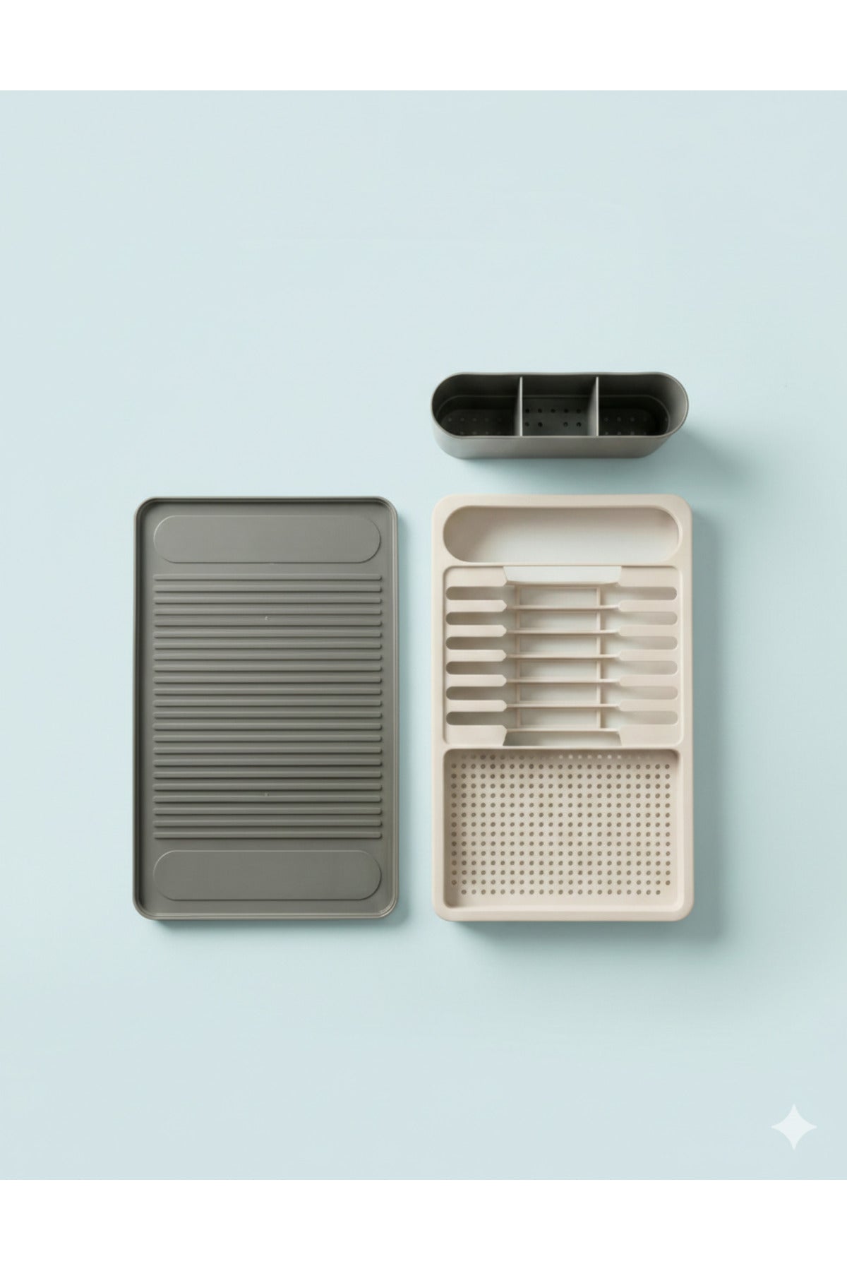 Uscător și Suport de Vase – 42x26 cm cu Multiple Compartimente Organizator Modern de Bucătărie Crem-Gri