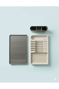 Uscător și Suport de Vase – 42x26 cm cu Multiple Compartimente Organizator Modern de Bucătărie Crem-Gri