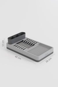 Uscător și Suport de Vase – 42x26 cm cu Multiple Compartimente Organizator Modern de Bucătărie Crem-Gri