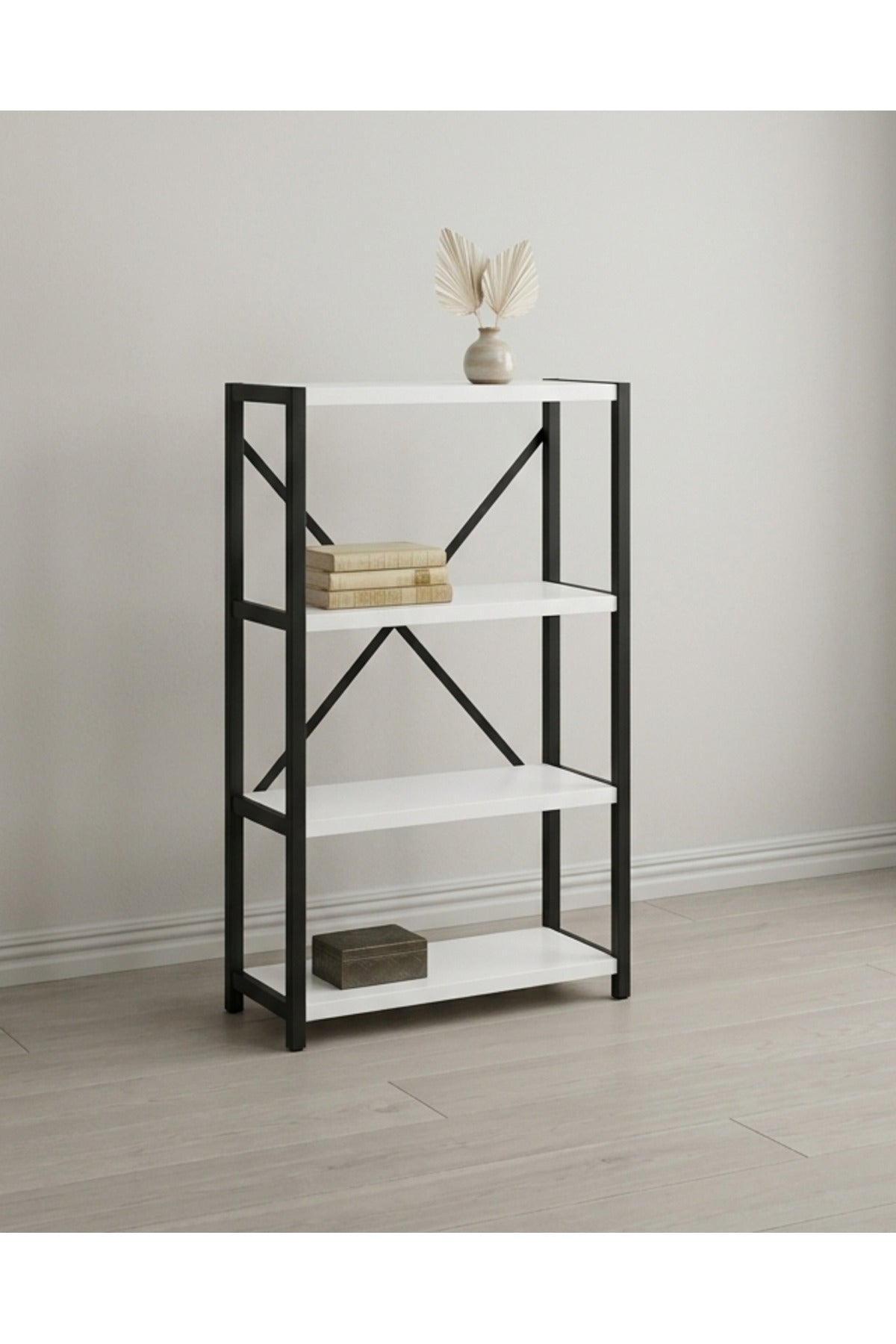 Etajeră pe 4 Niveluri, Multifuncțională, din Metal și Lemn, Negru și Alb – Bibliotecă, Raft de Bucătărie, Obiecte de Birou și Baie – 60 x 30 x 120 cm