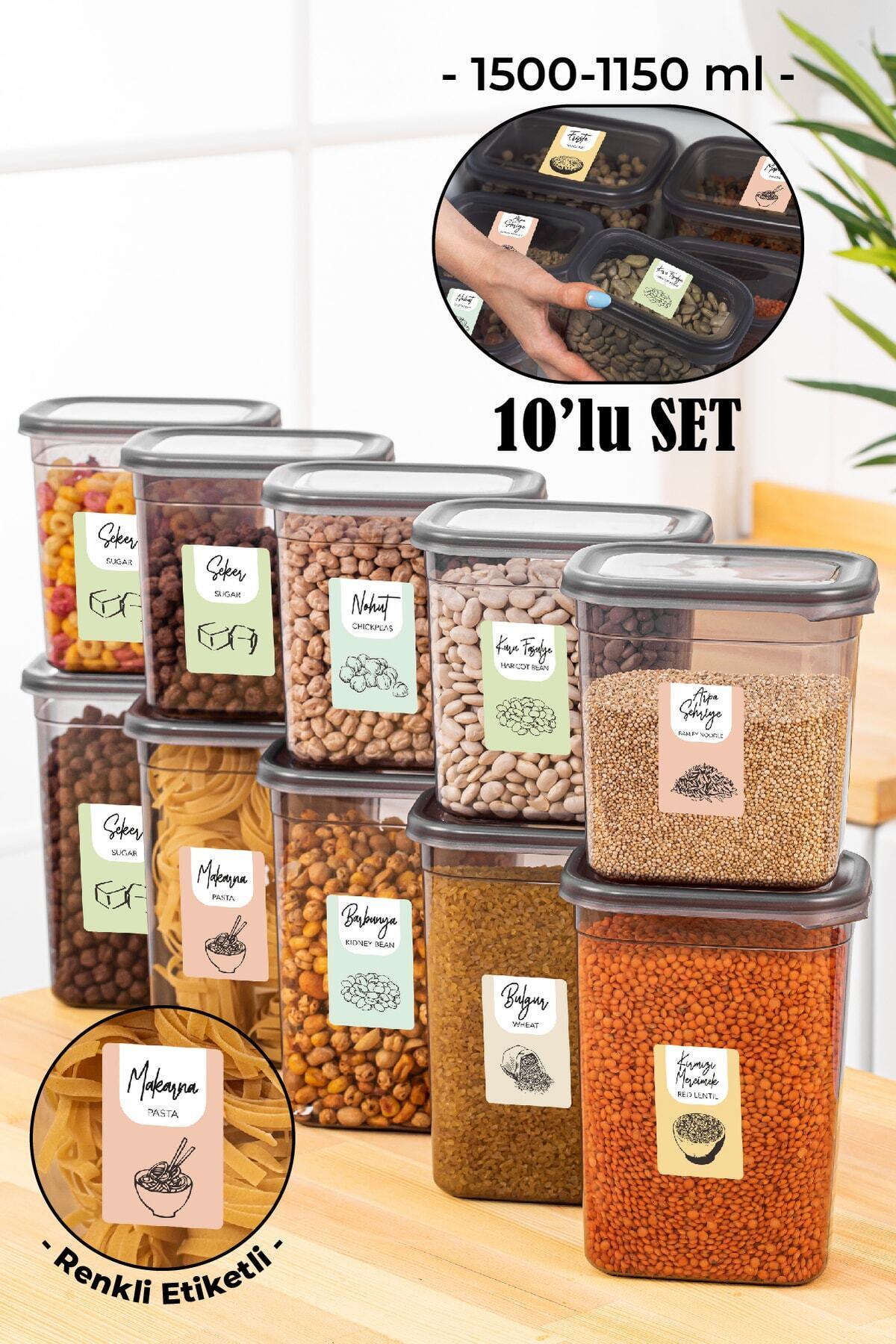 Set of 10 Peggy Rectangular Storage Containers with Colorful Labels 5x(1500-1150 Ml) Anthracite