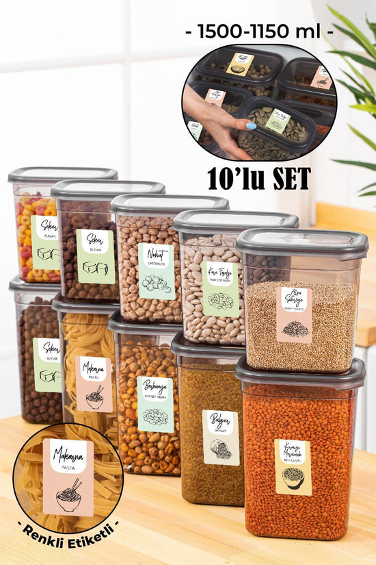 Set de 10 recipiente dreptunghiulare pentru depozitare Peggy cu etichete colorate 5x(1500-1150 ml) Antracit