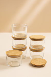 Set Cutii Depozitare (12 Piese) Dimensiune Sticlă: 8 X 8 X 5 Cm / 220 Ml (6 Piese) Capac Bambus: (6 Piese) Transparent