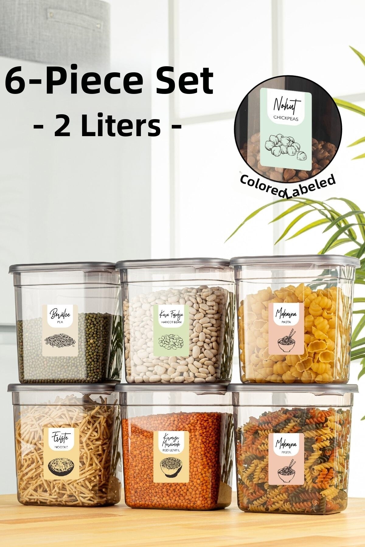 Set of 6 Peggy Rectangular Storage Container with Colorful Labels 2 Liters Anthracite