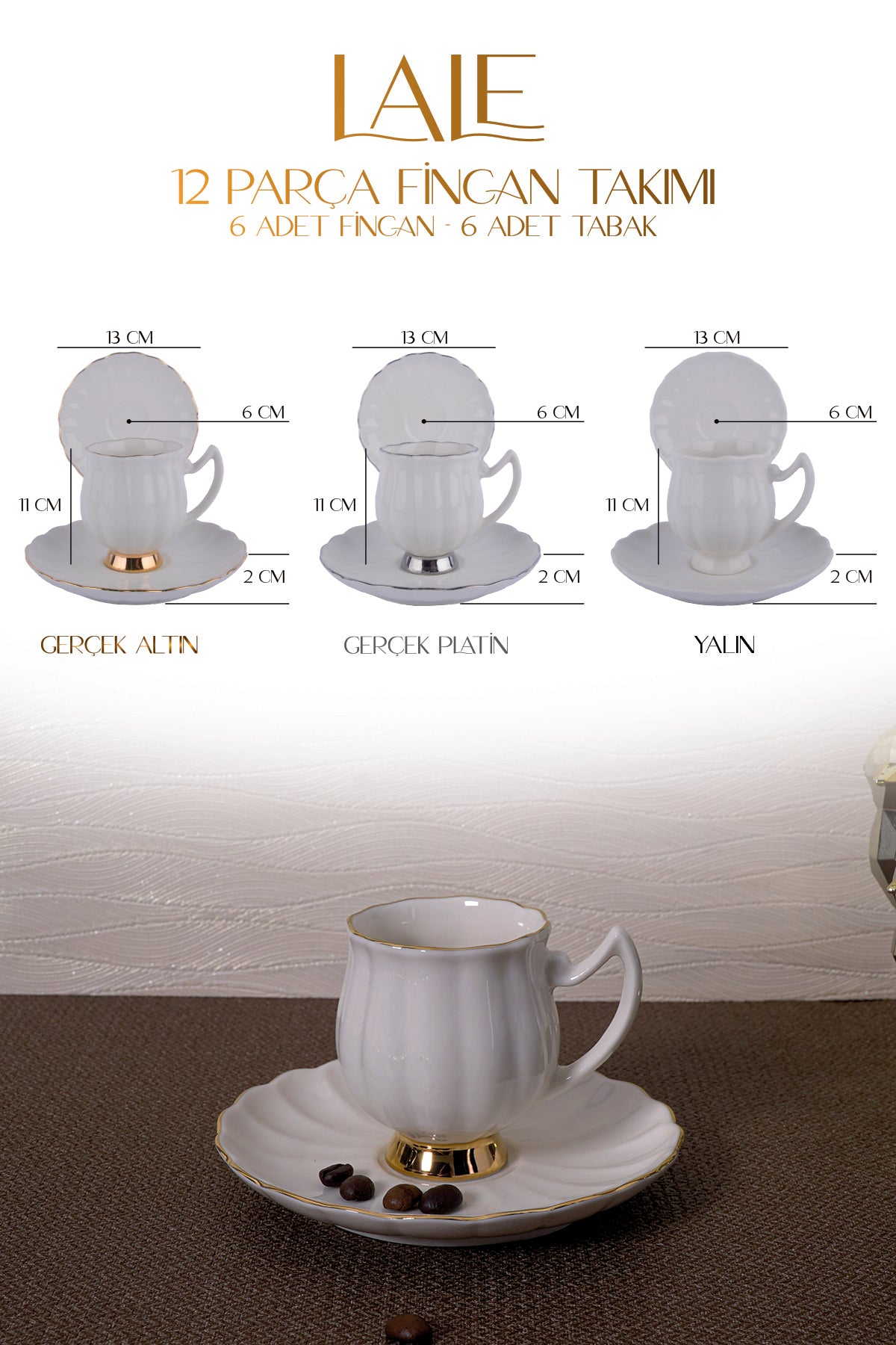Lale 12 Parça 6 Kişilik Altın Yaldız 80 ml Porselen Kahve Fincan Takımı