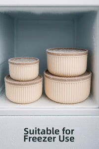 Set of 12 Striped Round Storage Containers Beige