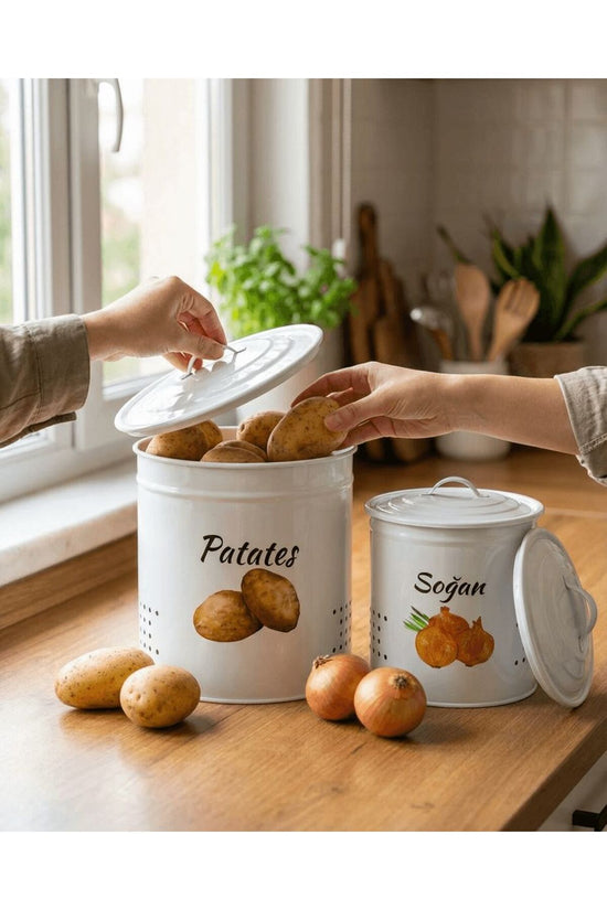Coș metalic pentru cartofi și ceapă cu 2 niveluri și capac metalic - Coș pentru legume - Coș pentru cartofi și ceapă Alb/alb