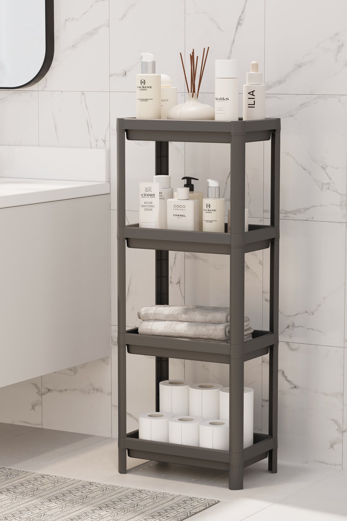 4-Tier Bathroom Shelf Unit Black Bathroom Organizer Shampoo Holder Towel Holder Cabinet