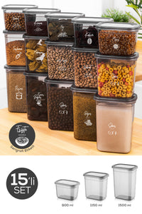15 Pcs Peggy White Silk Screen Label Anthracite Storage Container Set 5X(1500-1150-800 ml)