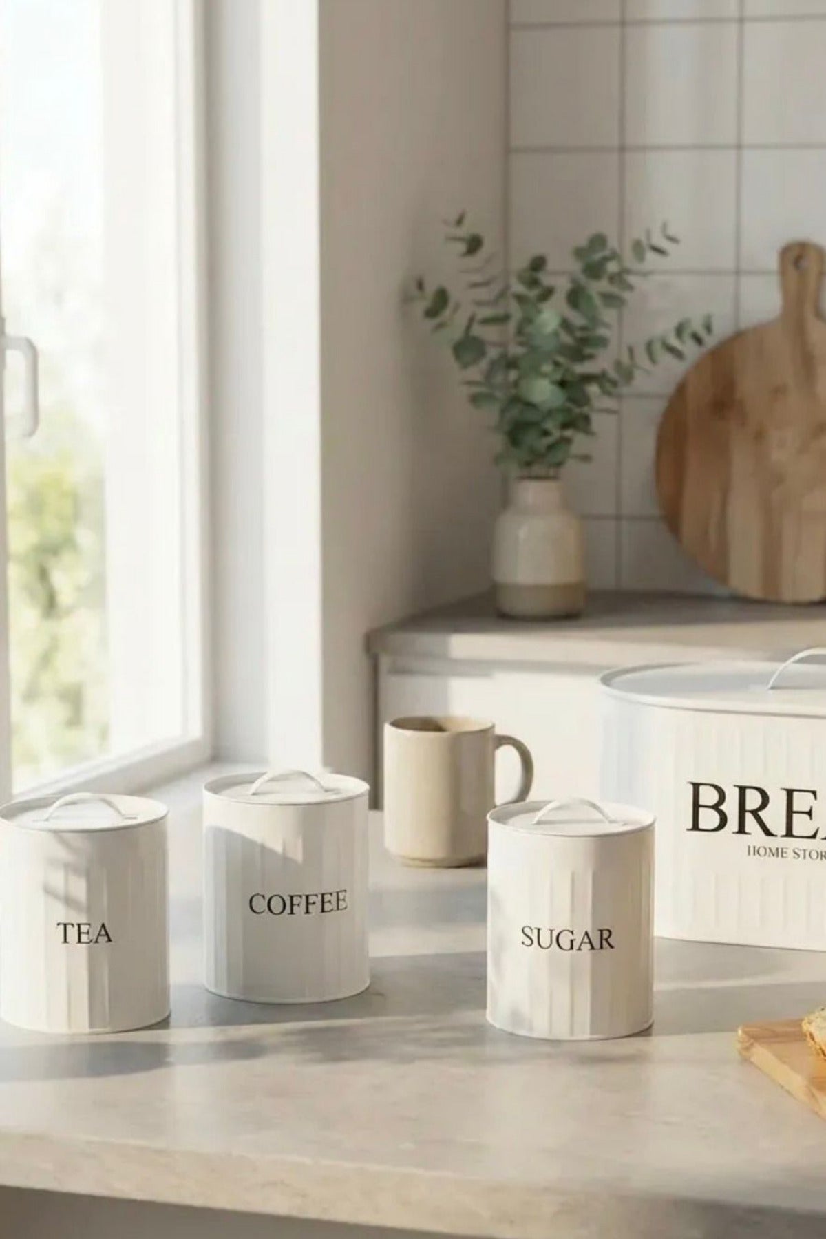 4'lü Ekmeklik Seti Metal Kapak Çay Kahve Şekerlik Tezgah Üstü Dolap İçi Organizer Beyaz